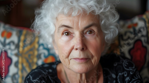 A captivating portrait of an elegant elderly woman with short, curly white hair and warm brown eyes, radiating timeless beauty and wisdom. Her serene smile reflects a life lived to the fulle