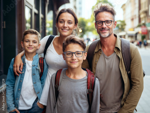 Portrait of a happy family on vacation with backpacks looking at camera and smiling. Tourists during a holiday, journey, trip.