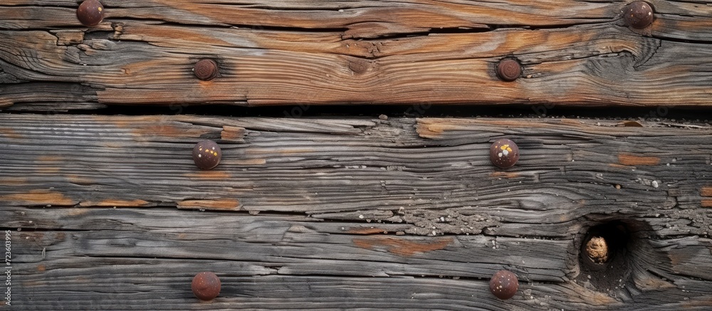 Deteriorated wooden boards with nails, exposing a hole to the decayed ground, revealing needles and darkness in the old wood's texture. Deteriorated wooden boards with nails, exposing a hole to the decayed ground, revealing needles and darkness in the old wood's texture.