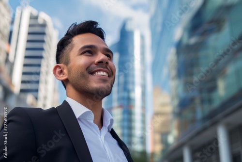 A young Hispanic businessman stands in an urban setting and thinks of business opportunities