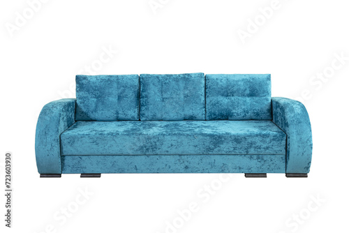 Turquoise sofa with velor fabric pillows isolated on a white background. Cushioned furniture.