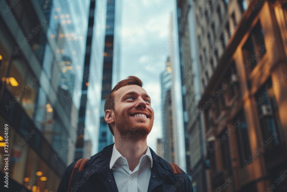 Obraz premium A young businessman stands in an urban setting and thinks of business opportunities