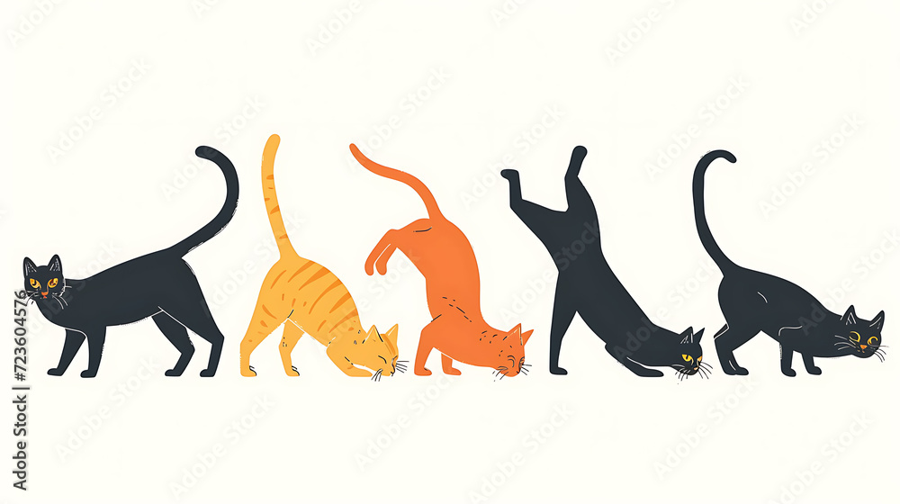Minimalistic and charming, this organic illustration captures the beauty of multiple cats in various stretching poses. Against a pristine white background, these adorable felines evoke a sen - obrazy, fototapety, plakaty 