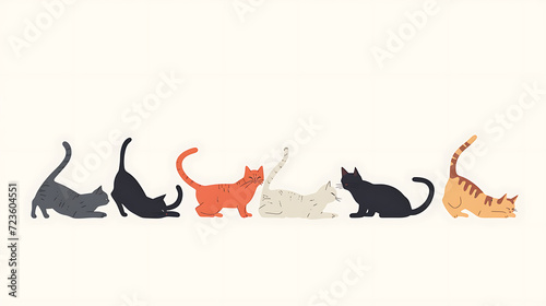 Minimalistic and charming, this organic illustration captures the beauty of multiple cats in various stretching poses. Against a pristine white background, these adorable felines evoke a sen