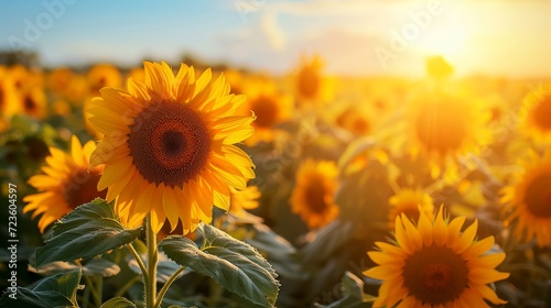Vibrant sunflower field at sunrise creating a scene of natural splendor