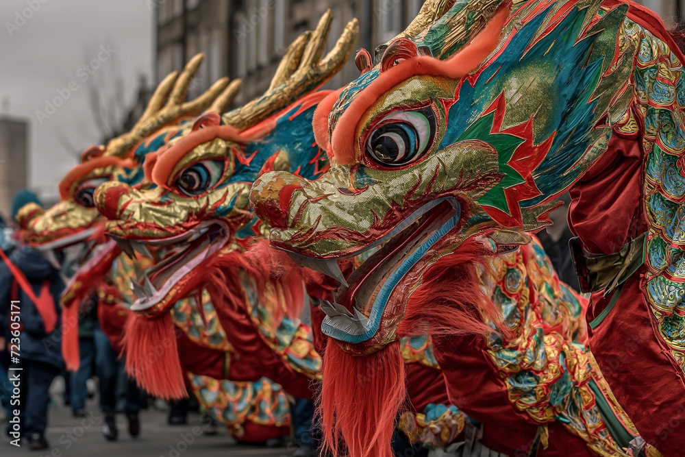 Colorful Chinese Dragon head at the Chinese New Year parade Celebration of Chinese New Year festival