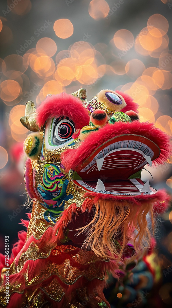 Colorful Chinese Dragon head at the Chinese New Year parade Celebration of Chinese New Year festival