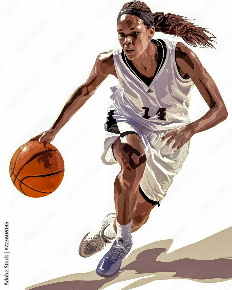 Illustration of a woman playing basketball with vibrant colors and action. Isolated on a copyspace background