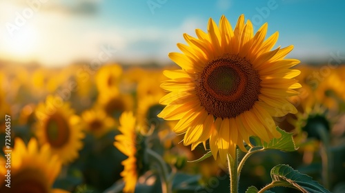 Vibrant sunflower field at sunrise creating a scene of natural splendor