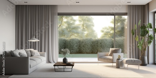 Modern home design with a grey living room  window curtain  garden view  and stylish furniture.