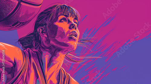 Illustration of a woman playing basketball with vibrant colors and action. Isolated on a copyspace background