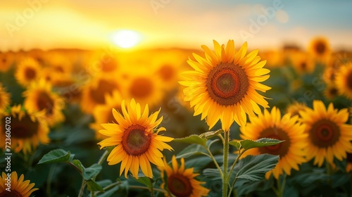 Vibrant sunflower field at sunrise creating a scene of natural splendor