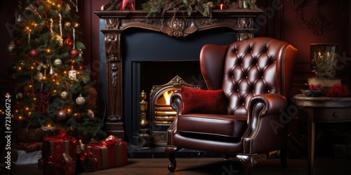 Christmas-themed English brown armchair with a fireplace and a warm red-brown interior for New Year's Eve.
