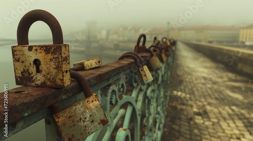 A poignant sepia-toned scene of rusted padlocks clinging to a frosty bridge railing.