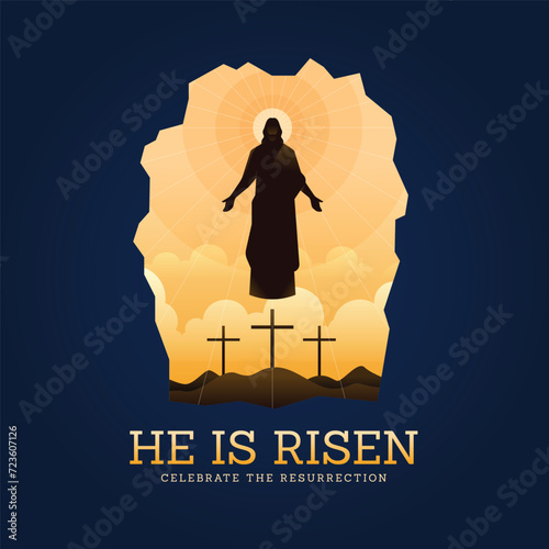 He is risen, Celebrate the resurrection - Silhouette of Jesus Christ risen coming out from sepulchre or tomb floating in the sky with sunlight vector design