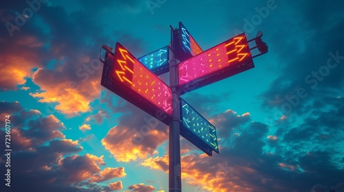 High-tech digital signpost at a crossroad against a cloudy sky
