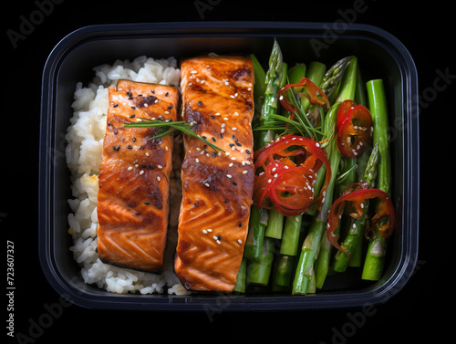 Healthy food with combination of grilled asparagus, grilled salmon and rice inside food container. Generative AI