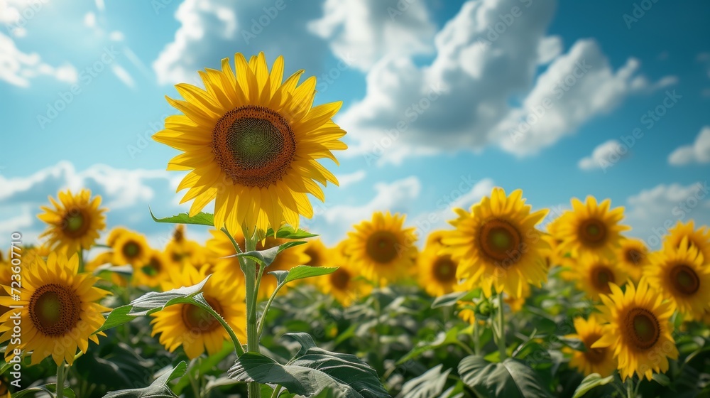 Bright sunflowers reaching for the sky in a vivid and expansive summer field.