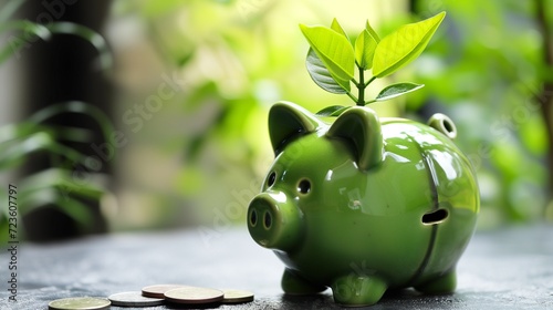 A vibrant green piggy bank nurturing a young plant, symbolizing growth in savings and eco-friendly investment on a blurred natural background.