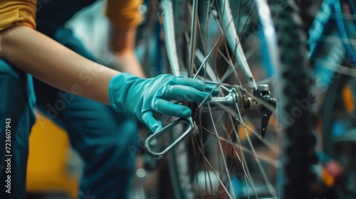 Woman repairman in rubber gloves repairing bike with tools closeup 