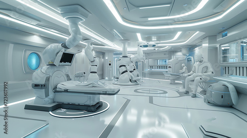A cutting-edge medical facility of the future, showcasing state-of-the-art equipment and intelligent robots seamlessly working alongside skilled doctors. This realistic 3D render captures th photo