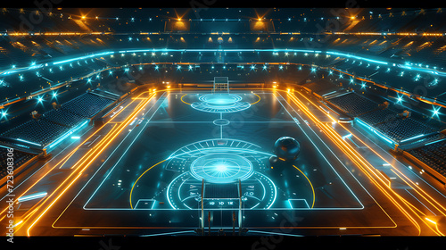 A dazzling view of a cutting-edge sports arena, bathed in vibrant neon lights and featuring mesmerizing holographic displays, creating an immersive experience for sports enthusiasts. Get a g