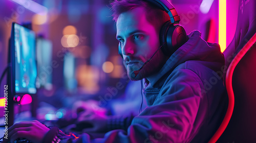Pro gamer in a neonlit room, immersed in a thrilling gaming tournament, showcasing intense focus and skill in this futuristic digital art masterpiece.