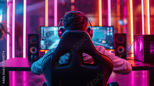 Pro gamer in a neonlit room, immersed in a thrilling gaming tournament, showcasing intense focus and skill in this futuristic digital art masterpiece. © Nijat