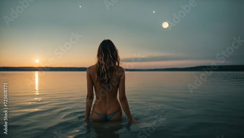 beautiful woman relaxing with a bath in the lake at night