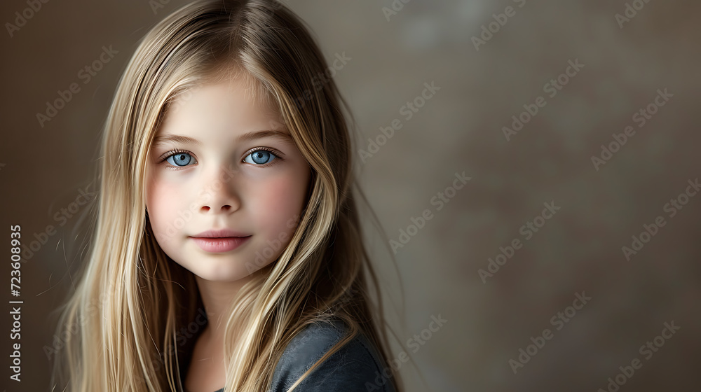 A mesmerizing portrait of a captivating young girl with flowing locks of straight blonde hair and piercing blue eyes that shimmer with an enchanting sparkle. Capturing her youthful innocence