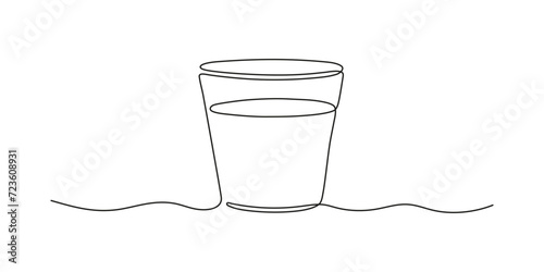 Glass with water, one continuous line drawing. Glass with beverage, drink. Black simple minimalism line. Vector outline