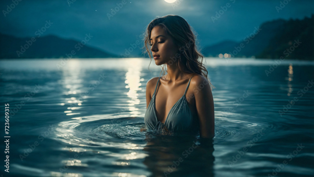 beautiful woman relaxing with a bath in the lake at night