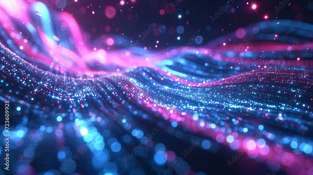 Step into the mesmerizing realm of cyber space with this dynamic 3D abstract render. A neon digital storm pulsates through a futuristic landscape, creating an electrifying visual spectacle t