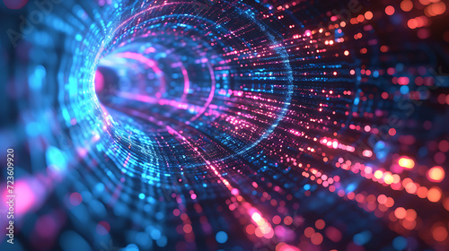 A mesmerizing and vibrant 3D abstract render featuring a neon digital vortex, perfect for adding a futuristic touch to tech wallpapers. Enter a world of swirling energy and captivating color