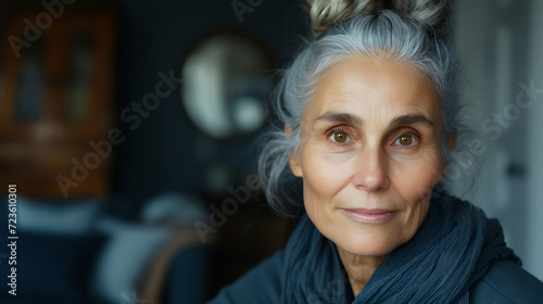 Serene and elegant, this captivating portrait showcases an older woman with her silver hair gracefully tied in a neat bun. Her soft, kind eyes reflect a wisdom honed by a lifetime of experie
