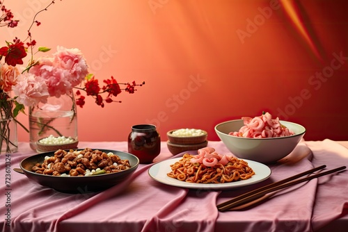 two bowls of food on the baby pink table, chinese tradition, high quality photo, modern table setting, 32k uhd, stock photo style --ar 3:2 --v 5.2 Job ID: 2e5d2425-40d8-4c3b-94c6-18df84f4a9b8