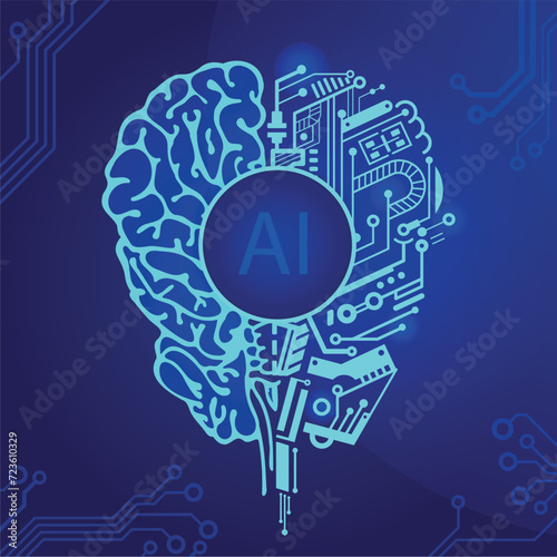 artificial intelligence, blue cyber brain with lights, ai concept, science icon, vector illustration, dark blue isolated on white background