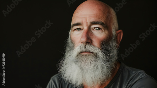 A wise, seasoned gentleman exudes confidence with his bald head and magnificent flowing grey beard. His captivating gaze betrays a lifetime of experiences, making him an intriguing subject f photo