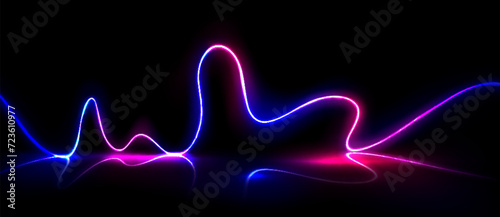 Neon laser wave for music equalizer concept. Realistic vector illustration of abstract pink and blue glow line as sound energy pulse. Gradient led fluorescent dynamic chart for synthwave design.