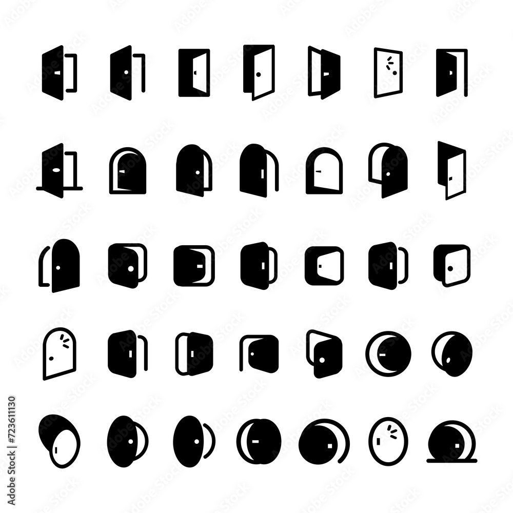 black and white door icons set