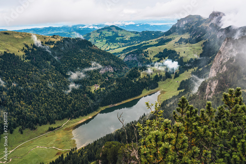 Lake Fahlensee from summit mountain in Swiss Alps during summer at Switzerland