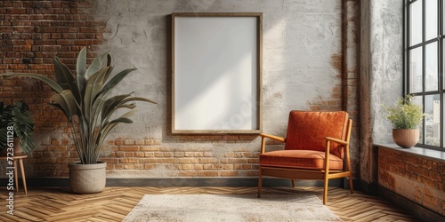 Rustic Interior with Orange Armchair and Blank Canvas.