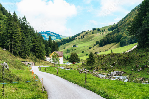 Rural scene of rustic village in the valley in summer at Switzerland