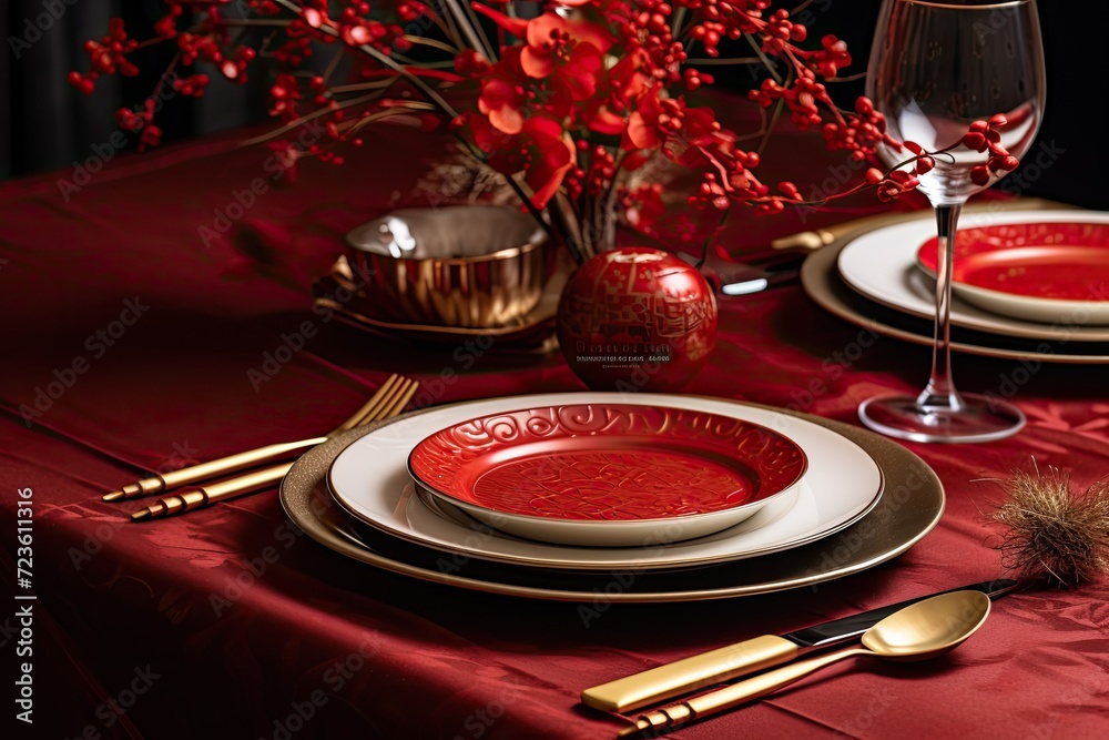 Obraz premium Sensational Red Dinnerware and Silverware Set For Holiday Dining