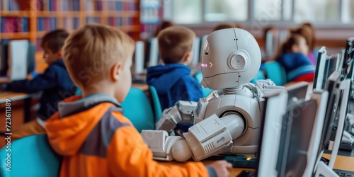 Modern classroom, teachers employ artificial intelligence to enhance education by delivering lessons, teaching from books, and facilitating learning among students.