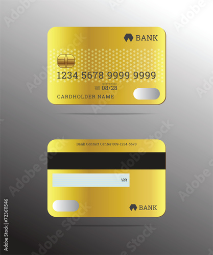 Realistic credit cards front and back design golden color card with cardholder name,bank logo,magnetic stripe,signature blank,
isolated vector on grey background.