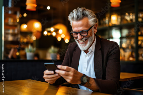  Photo of a stylish grandfather with a funky hairstyle, creating a vlog on her smartphone in a trendy café