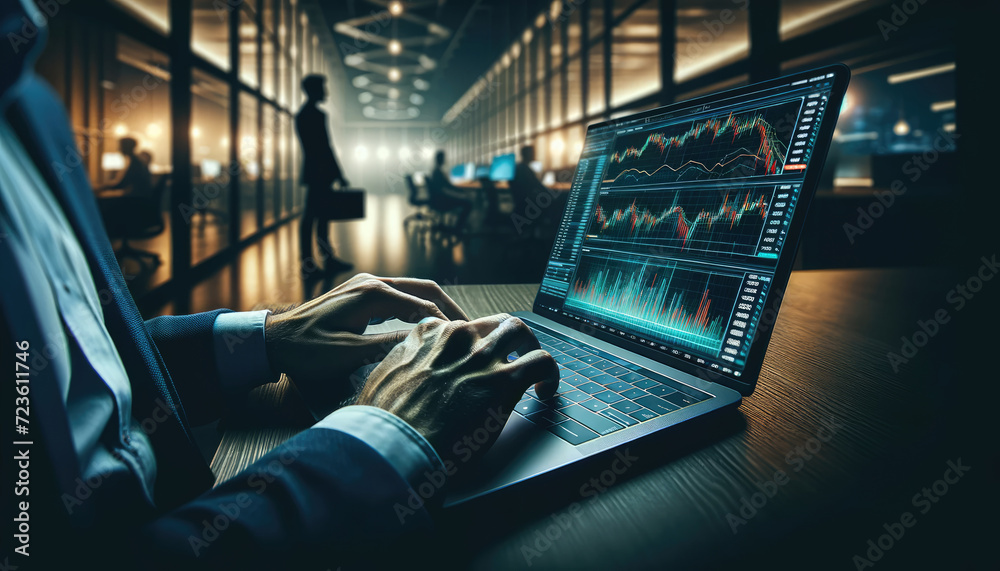 Close-up of a businessman's hands typing on a laptop, analyzing complex financial charts and data in a corporate office environment. - obrazy, fototapety, plakaty 