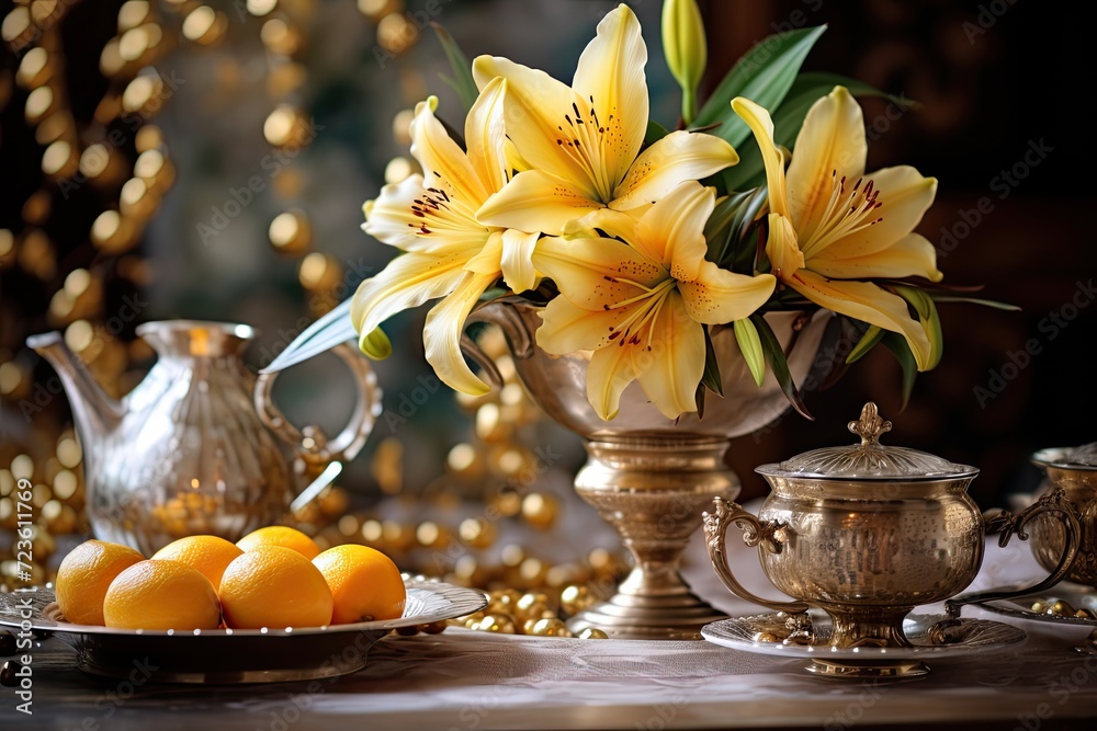 Silver and Gold Decorations with Flowers and Fruit