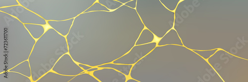 Gold kintsugi crack pattern on gray background. Realistic vector illustration of abstract marble pattern with golden crackle line texture. Backdrop with geometric glitter mosaic scratch effect.